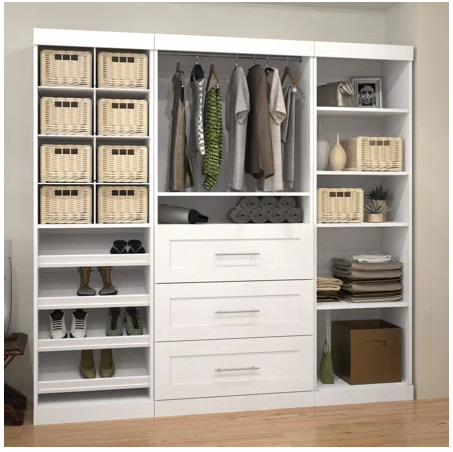 Kids closet with low shelves and bins
